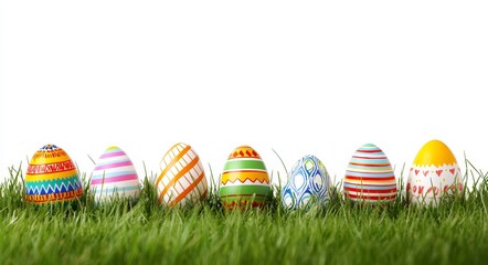 Fototapeta premium A template for Happy Easter showcases a assortment of painted Easter eggs on green grass with a see-through background