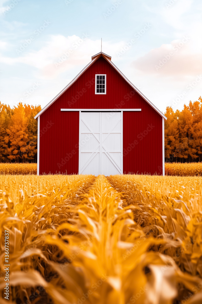Poster red barn positioned in golden cornfield with rows of crops extending towards structure. clear blue s