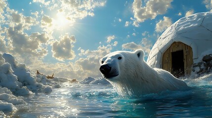 Naklejka premium A polar bear swimming in an icy stream near an igloo, its wet fur glistening as the sunlight breaks through the scattered clouds above. 32k, full ultra hd, high resolution