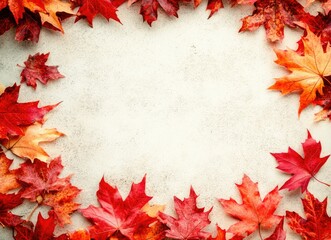 Arrangement of Colorful Fall Maple Leaves Bordering Light Surface with Copy Space