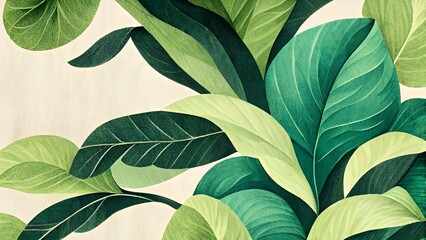 Fototapeta premium Green plant and leaf pattern, hand-drawn pencil illustration, minimal botanical design, vintage graphic art