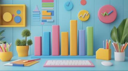 Colorful Office Workspace with Charts and Graphs for Creative Projects