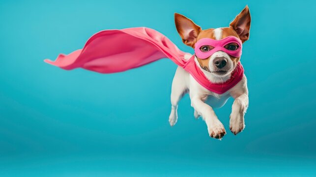Cute dog dressed in superhero costume. Flying in empty space against blue background. Superhero dog wearing pink mask, cape. Funny, joyful image. Adorable pet in action. Perfect for pet products