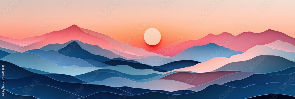 Aufkleber stunning paper art landscape with layered mountains and a graceful sunrise in soft pastel colors gen