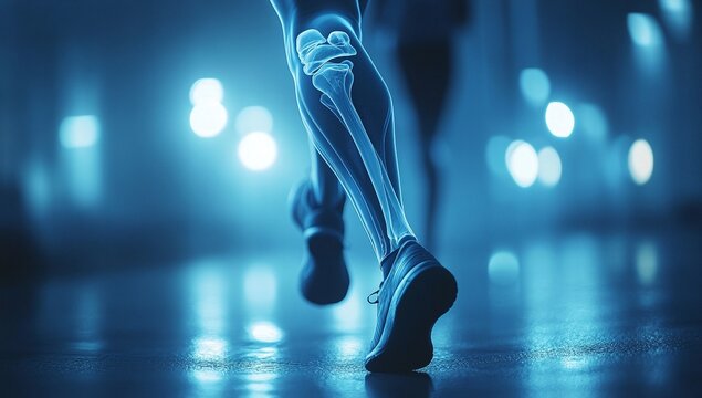 Runner's leg with visible bone structure, captured in motion with a cool blue tone. The image showcases the power and grace of movement.