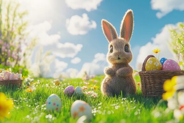 Fototapeta premium In a lush, green spring setting, a tiny rabbit with soft fur sits in an Easter basket filled with colorful Easter eggs, making it an ideal image for Easter cards, greeting cards, or desktop