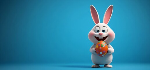 Fototapeta premium This sales and marketing backdrop depicts an Easter bunny posing with Easter eggs against a blue background, incorporating copy space