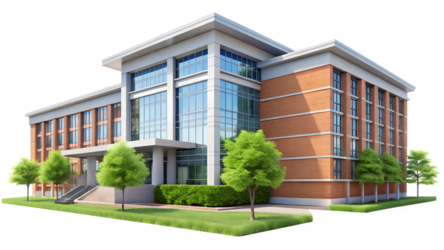 Modern university, college, or school building with classic architecture, isolated on transparent background, ideal for academic and educational projects.