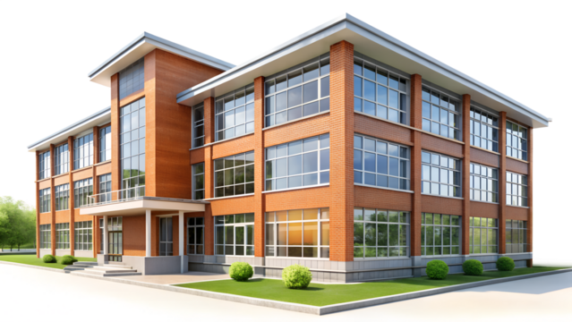  A modern university, college, or school building featuring classic architecture, isolated on a transparent background, perfect for academic and educational use.