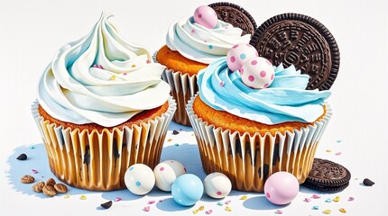 Muffins avec chantilly colorée et gâteaux