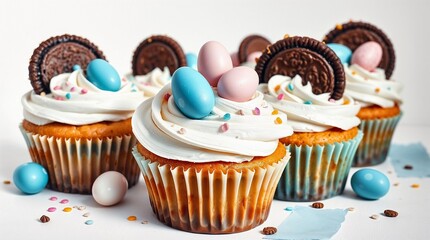 Muffins avec des oeufs de Pâques et des gâteaux