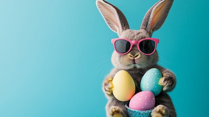 Fototapeta premium In front of a blue background, a cool bunny rabbit wearing sunglasses is clutching three colorful Easter eggs