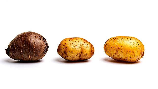 Three distinct types of potatoes arranged on a white background showcasing their unique textures