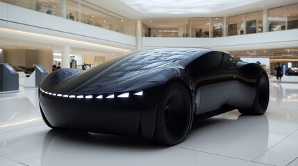 A futuristic car is on display in a large, white room. The car is black and has a sleek, modern design. The room is filled with other cars and displays, creating a sense of excitement and innovation