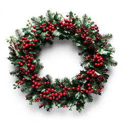 Christmas Holly Wreath Festive Decoration Red Berries Green Leaves Pine Cones