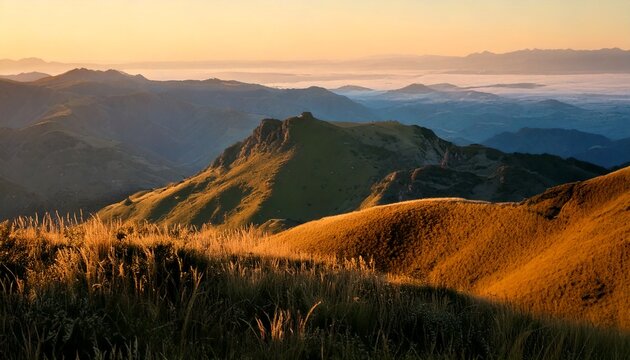 Mountain ranges and hills of forests and lakes during golden hour and a bright sky