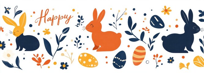 This modern design features cute hand drawn Easter bunnies on a doodle background, great for use on textiles, banners, wallpapers, and wrapping paper