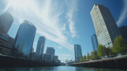 Obraz premium City skyline reflected in water, urban buildings under sunny sky. Possible use Stock photo