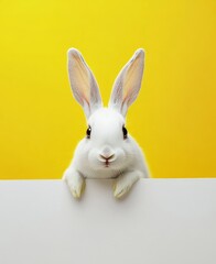 Obraz premium Easter concept is represented by a white Easter rabbit that uses a sheet for text writing