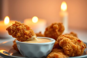 Fried crispy chicken nuggets with ketchup 