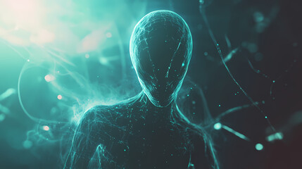 Surreal alien figure with amorphous morphing shapes surrounded by shimmering glowing energy fields in a fantastical celestial inspired digital. Transcendent Morph. Illustration