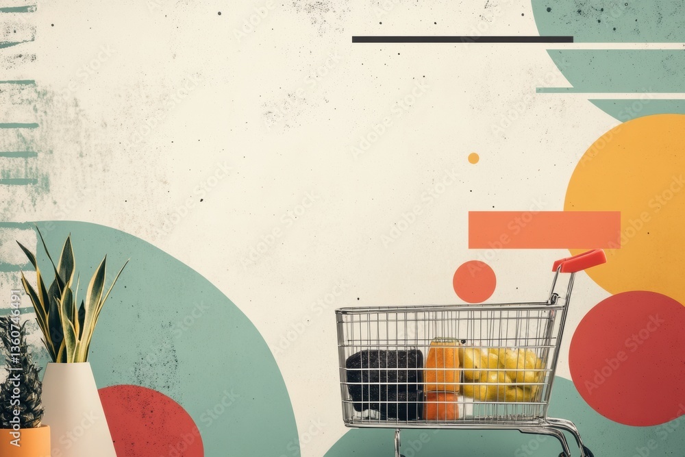 Poster stylish grocery shopping concept featuring geometric shapes and vibrant colors in a modern setting g