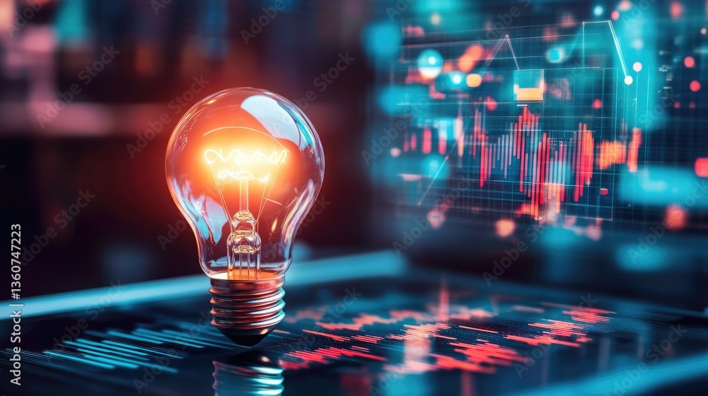 Aufkleber illuminated light bulb symbolizing innovative ideas and technology with financial graphs in the back
