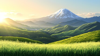 A stunning landscape featuring Mount Fuji rising above rolling green hills and a foreground of tall grass, all bathed in the golden light of sunrise.