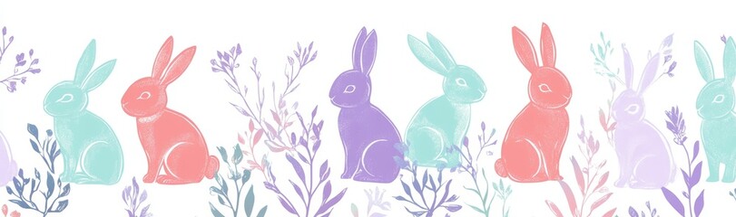 Obraz premium A colorful Easter bunny silhouette on a white background is the focal point of this modern seamless Easter design that can be repeated horizontally