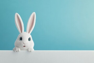Obraz premium A curious small bunny, symbolizing spring and Easter, is shown sticking out from behind a corner of green grass on a blue sky background, with empty space provided for the addition of text or