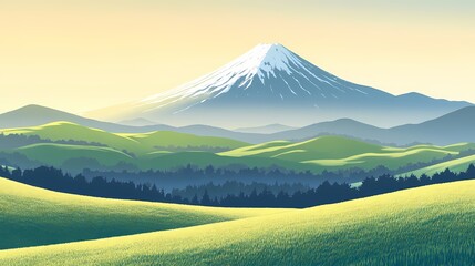 A serene vista featuring the iconic Mount Fuji, nestled among layers of rolling green hills and fields, all bathed in a gentle, golden light.