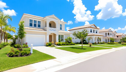 Sunny Florida neighborhood, upscale homes, landscaped street