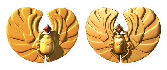 A set of Egyptian scarab beetles with open wings, featuring intricate gold detailing and a red gemstone centerpiece. 3D illustration