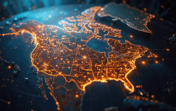 Glowing North America Map Highlighting Connectivity and Technology Networks