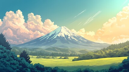 A stunning illustration of a mountain landscape featuring a snow-capped peak, rolling green hills, and fluffy clouds under a bright sky.