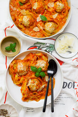 Pasta Nests with Meatballs in Sauce.top veiw