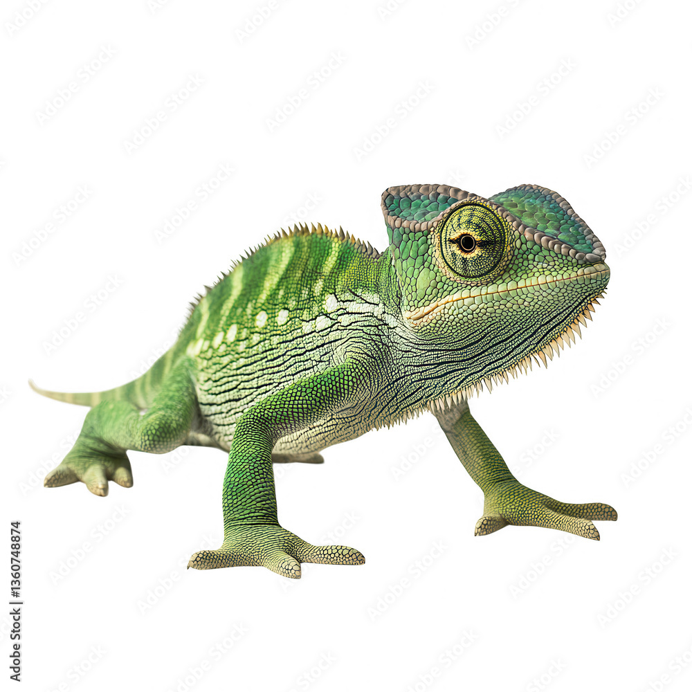 Poster a vibrant green lizard with intricate patterns and a curious expression posed against a clean white 