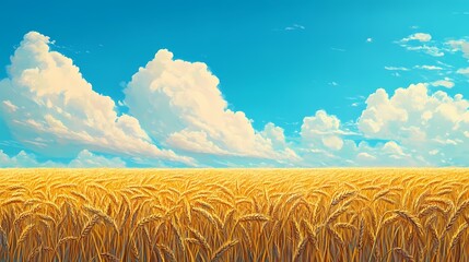 A sunlit wheat field extends to the horizon under a vibrant blue sky dotted with fluffy white clouds, creating a scene of natural beauty.