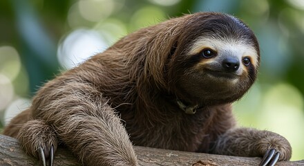 Fototapeta premium A brown sloth resting on a tree branch in nature
