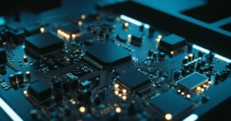Obraz premium Close-up view of a circuit board, illuminated with blue light. Various electronic components, such as microchips and resistors, can be seen, with small lights indicating active connections.