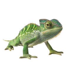 Obraz premium żywy zielony jaszczur o skomplikowanych wzorach i ciekawym wyrazie twarzy, umieszczony na czystym, białym tle, eksponującym jego wyjątkowe cechy i faktury