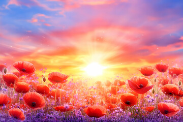 Sunset over vibrant poppy field