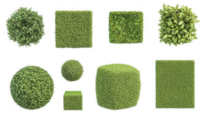 various geometric shapes made of lush green foliage including spheres cubes and rectangular forms ideal for landscaping or design purposes