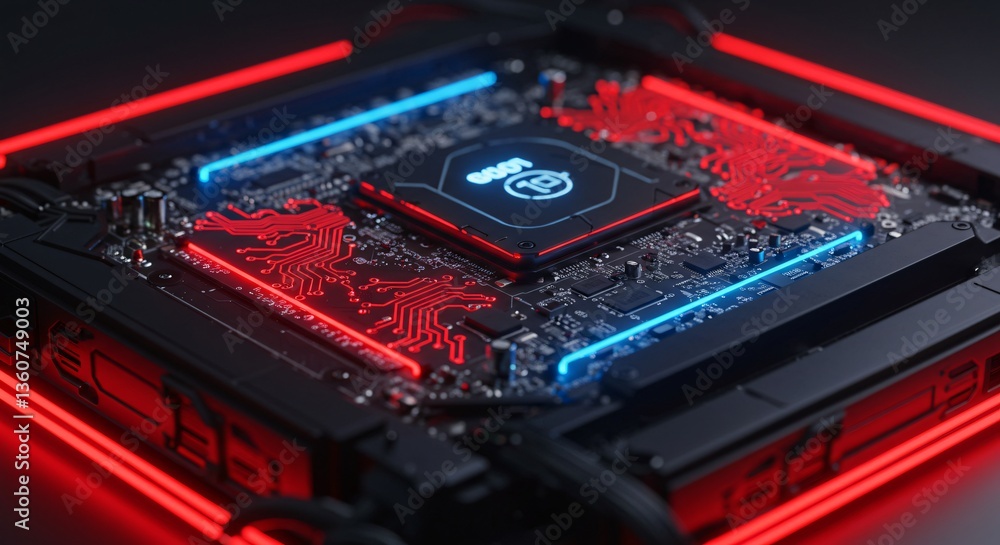 Poster glowing computer motherboard for high performance gaming system. futuristic circuit board with led l
