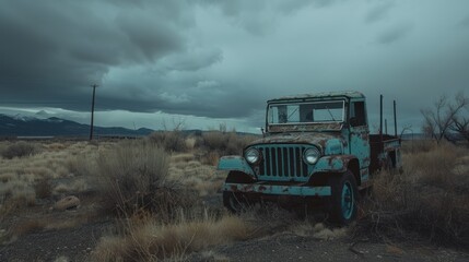 Abandoned Rusty Vehicle in a Desolate Landscape Under Stormy Skies
