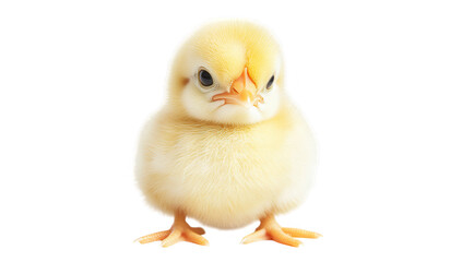 Obraz premium a cute fluffy yellow chick stands upright against a white background showcasing its soft feathers and curious expression. innocence and charm of young birds