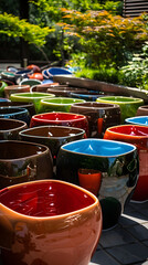Fototapeta premium Enchanting Collection of Extra Large Colored Flower Pots in an Outdoor Setting