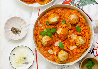 Pasta Nests with Meatballs in Sauce.top veiw