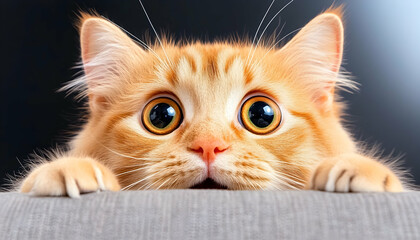 Surprised ginger cat peering over furniture indoors