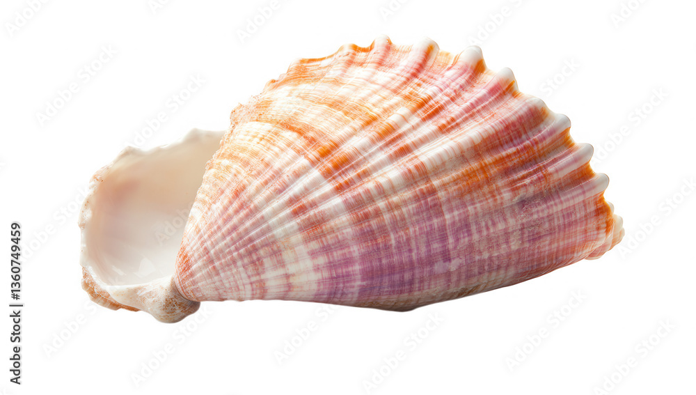 Poster a beautifully detailed seashell showcasing intricate patterns and colors rests on a clean white back